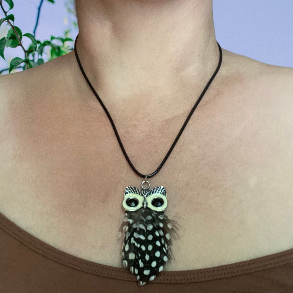 Hand Crafted Necklace Owl Feather Brown Pendant Adjustable Faux Leather - Picture 7 of 9